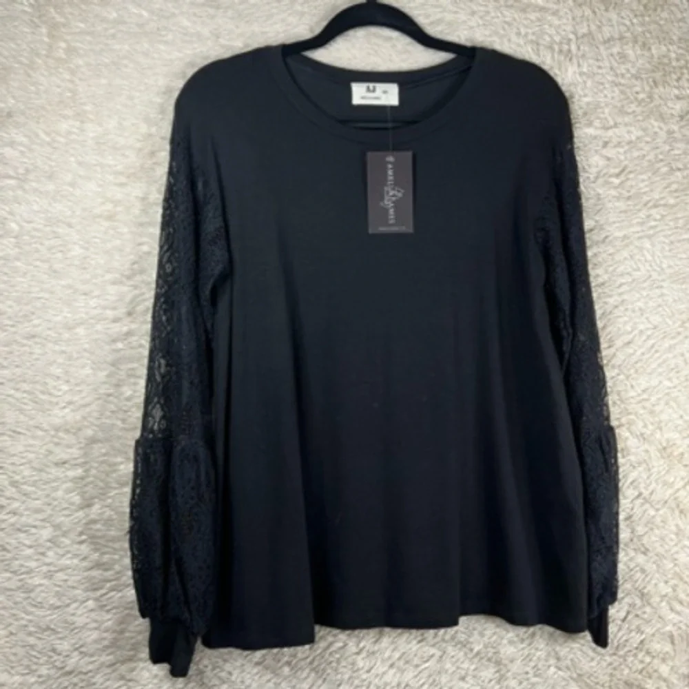 Amelia James Womens Blouse Black Long Sleeve Crew Neck Stretch‎ Lace XS New